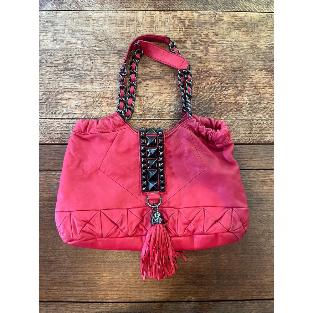 Betsey Johnson Y2K whips & studs lamb leather quilted purse red satchel punk